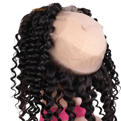 RitzWigs 360 lace frontal closure featuring deep wave Brazilian human hair with transparent Swiss lace base