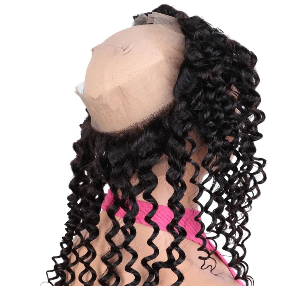 RitzWigs 360 lace frontal closure with deep wave Brazilian human hair on a mannequin head, featuring transparent lace.