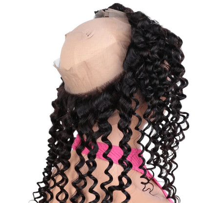 RitzWigs 360 lace frontal closure with deep wave Brazilian human hair on a mannequin head, featuring transparent lace.