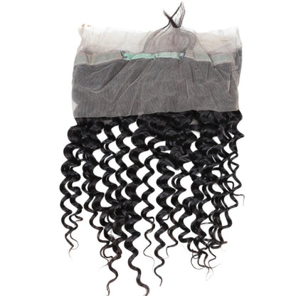 RitzWigs Rebecca Youth 360 lace frontal closure featuring deep wave Brazilian human hair with transparent Swiss lace.