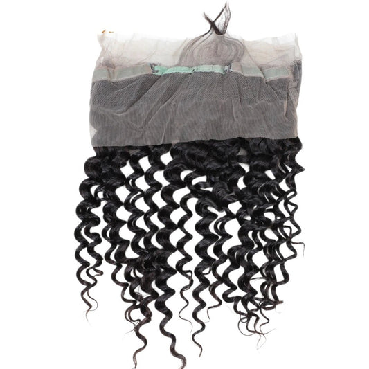 RitzWigs Rebecca Youth 360 lace frontal closure featuring deep wave Brazilian human hair with transparent Swiss lace.