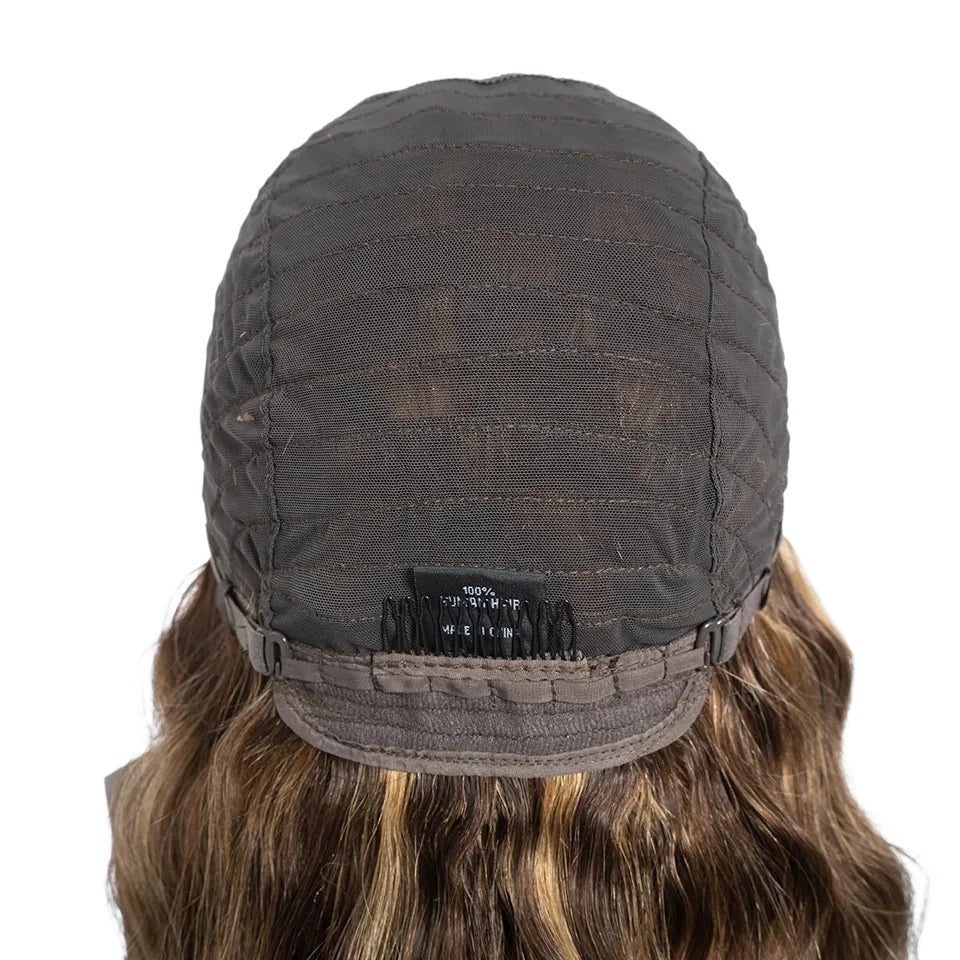 RitzWigs deep wave human hair wig cap construction showing adjustable straps and breathable mesh lining