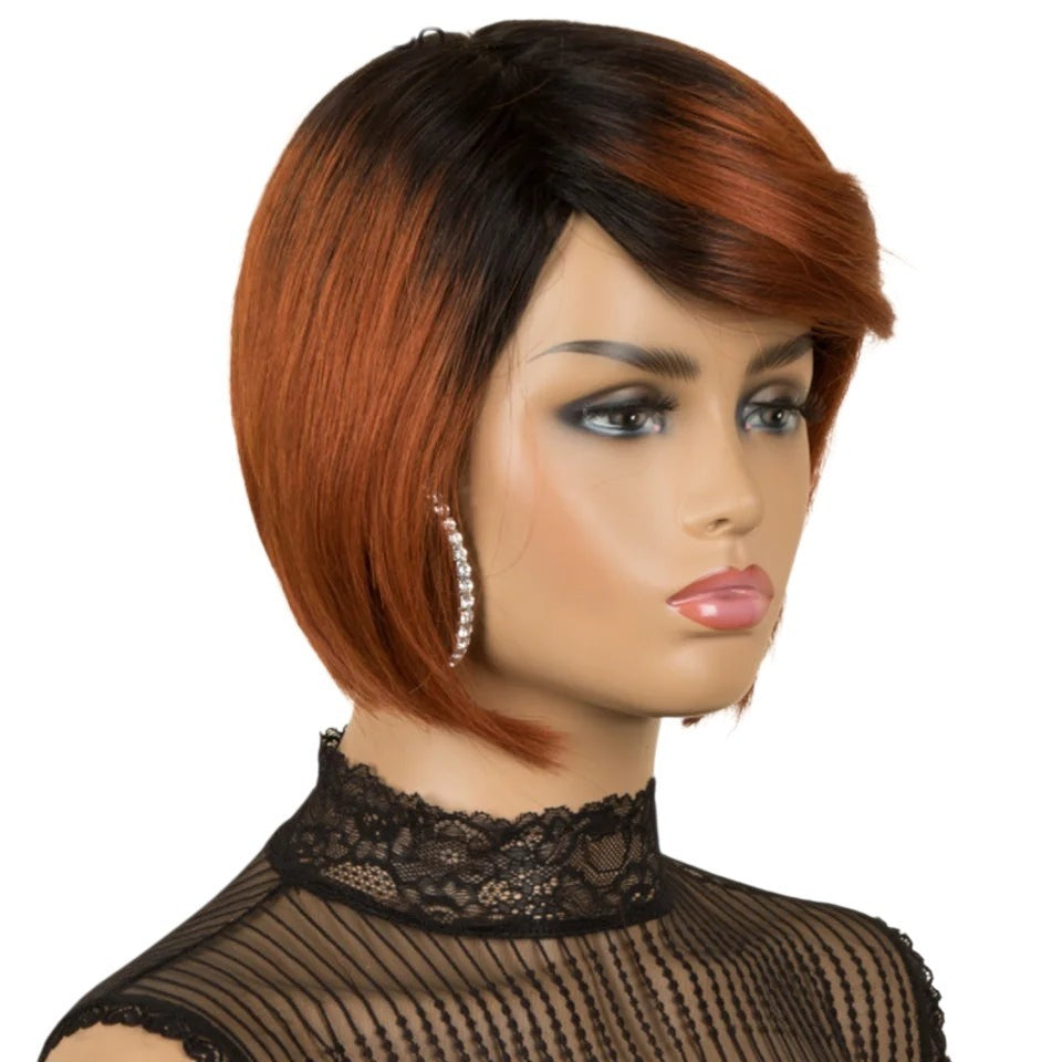 RitzWigs short straight pixie bob wig in ginger and black ombre human hair on a mannequin head