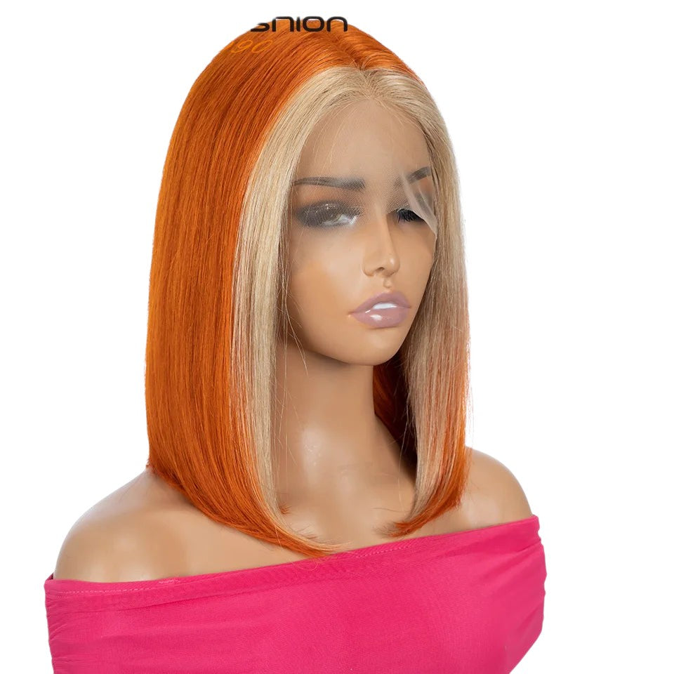 RitzWigs ginger and blonde straight bob lace front human hair wig on a mannequin with a natural hairline