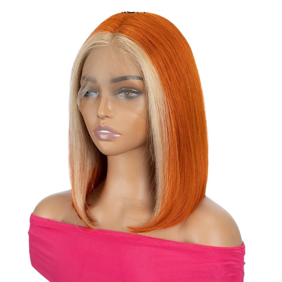 RitzWigs ginger and blonde straight bob human hair lace front wig on a mannequin with a pre-plucked hairline