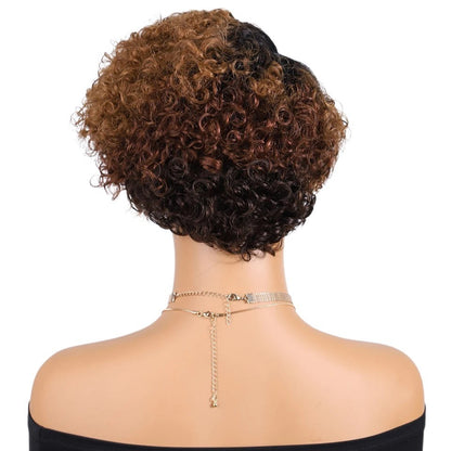RitzWigs ginger and brown curly pixie cut human hair wig on a mannequin, back view showing short layered texture.