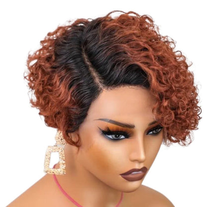 RitzWigs ginger and black curly pixie cut human hair lace front wig on a mannequin head.