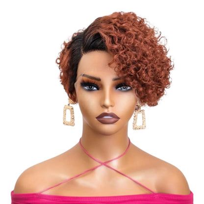RitzWigs ginger curly short bob pixie cut human hair lace front wig on a mannequin