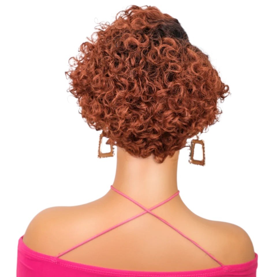 RitzWigs ginger curly short pixie cut human hair wig with lace front, shown from the back on a mannequin
