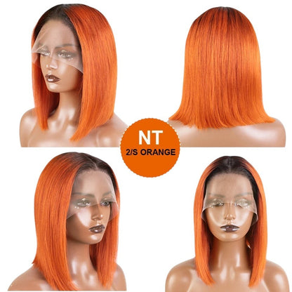 RitzWigs straight ginger ombre bob human hair wig with dark roots and transparent lace front on a mannequin head