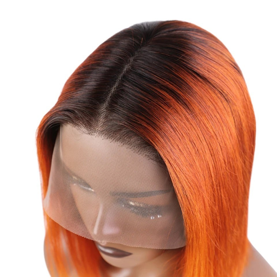 RitzWigs dark root ginger ombre straight bob human hair wig with transparent lace front for a natural hairline