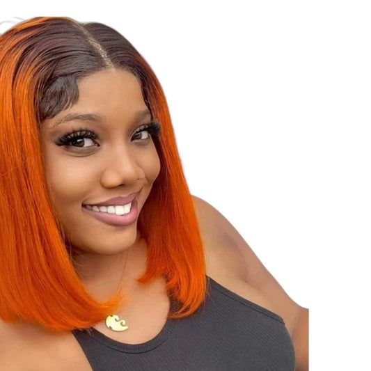RitzWigs straight ginger ombre bob wig with dark roots and transparent lace front on a smiling model