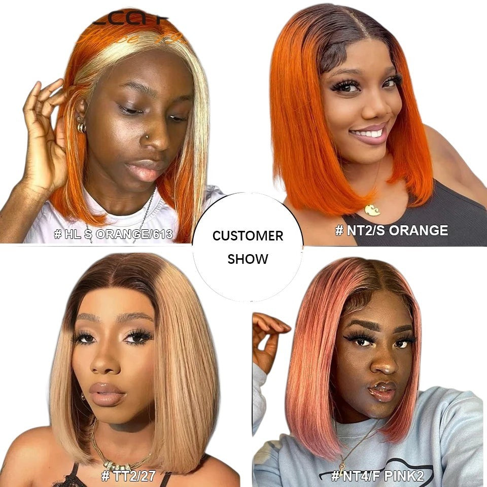 RitzWigs short straight bob lace front human hair wigs in various ginger, orange, and blonde ombre styles on models