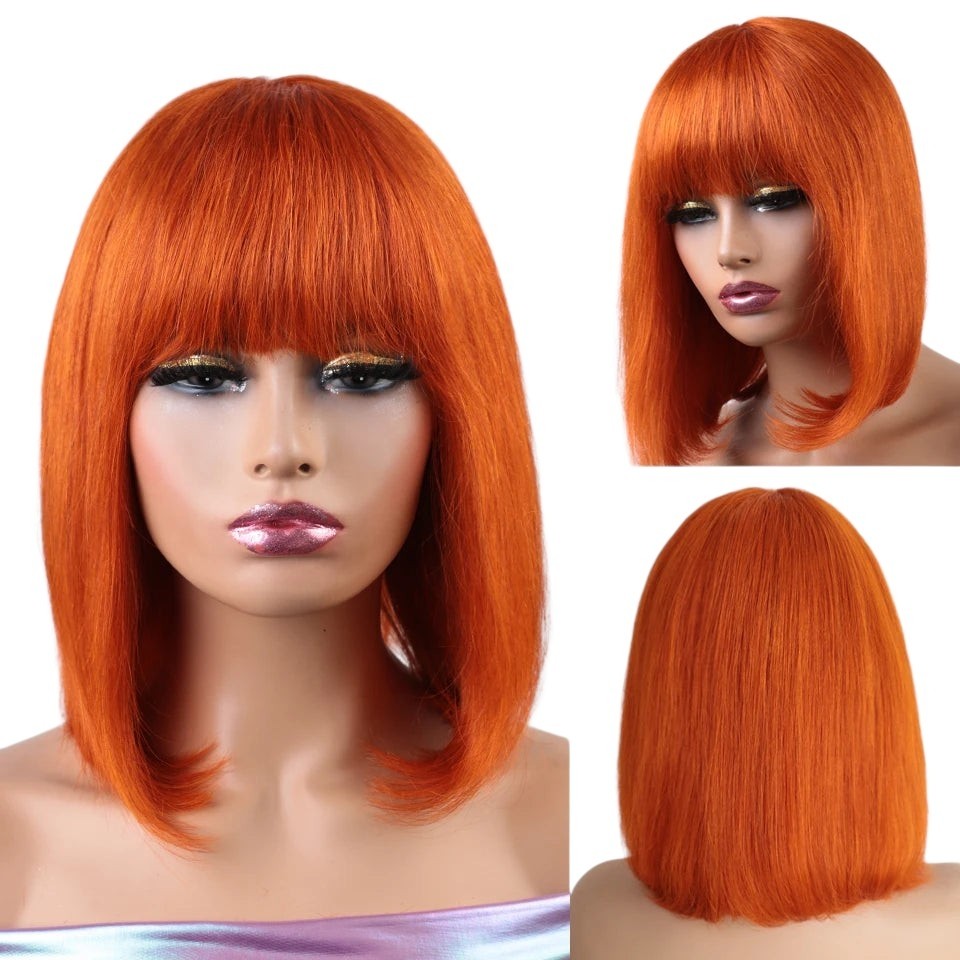 RitzWigs ginger orange straight short bob human hair wig with bangs on a mannequin head, front and back view.