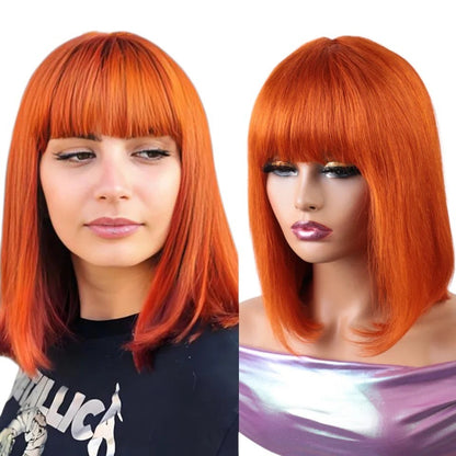 RitzWigs ginger orange straight short bob human hair wig with bangs worn by a model and displayed on a mannequin head