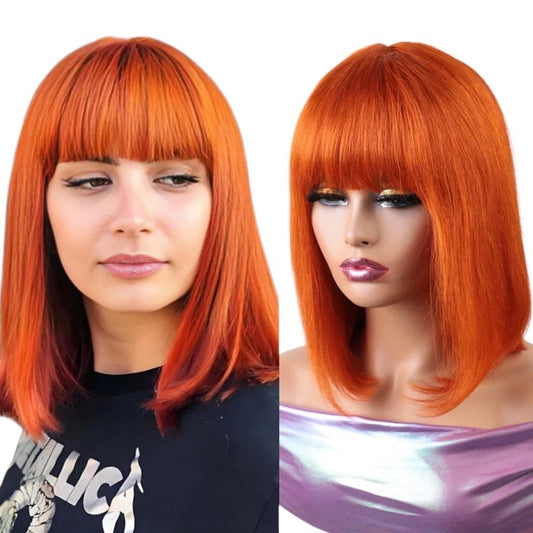 RitzWigs ginger orange straight short bob human hair wig with bangs worn by a model and displayed on a mannequin head
