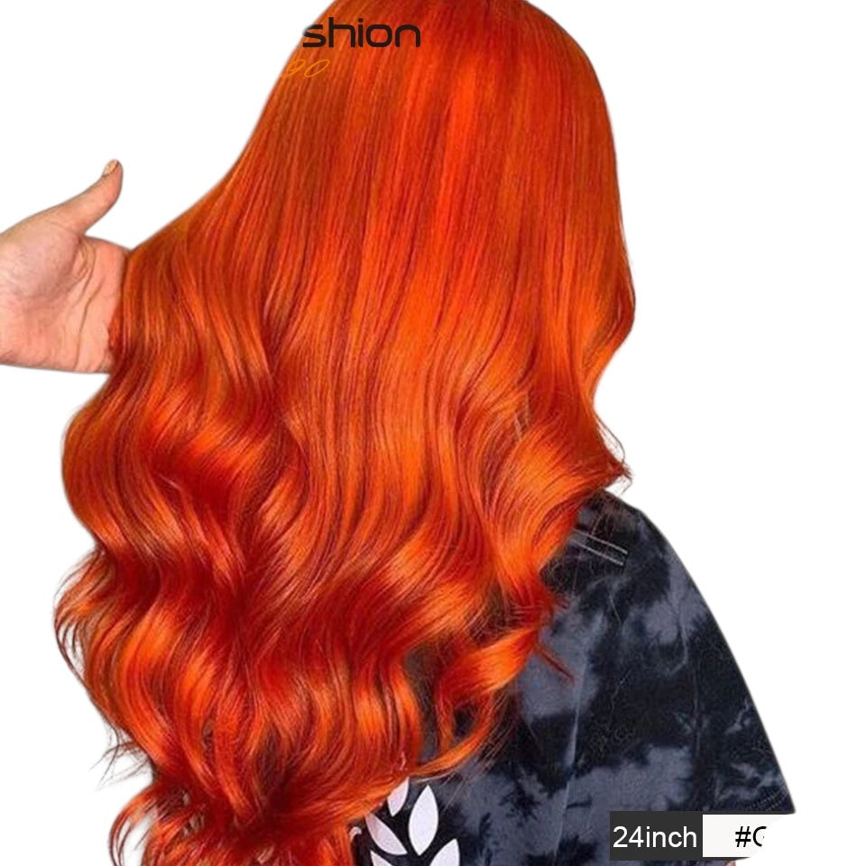 RitzWigs 24-inch ginger orange body wave human hair wig with long wavy texture on a model
