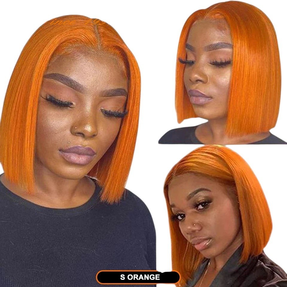 RitzWigs ginger orange straight bob lace front wig on a model with pre-plucked hairline and transparent lace