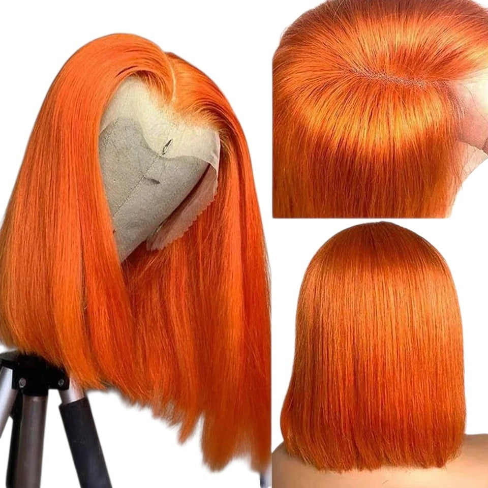 RitzWigs ginger orange straight bob human hair wig with transparent lace front and middle part on a mannequin head