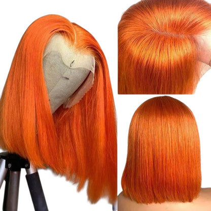 RitzWigs ginger orange straight bob human hair wig with transparent lace front and middle part on a mannequin head