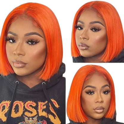 RitzWigs ginger orange straight bob human hair lace wig with a middle part worn by a model.