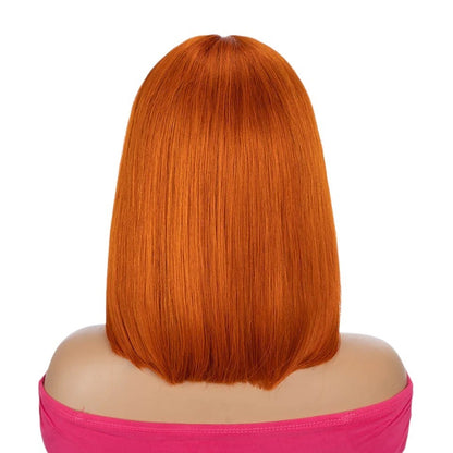 RitzWigs ginger orange straight human hair bob wig on a mannequin, back view showing sleek shoulder-length style.