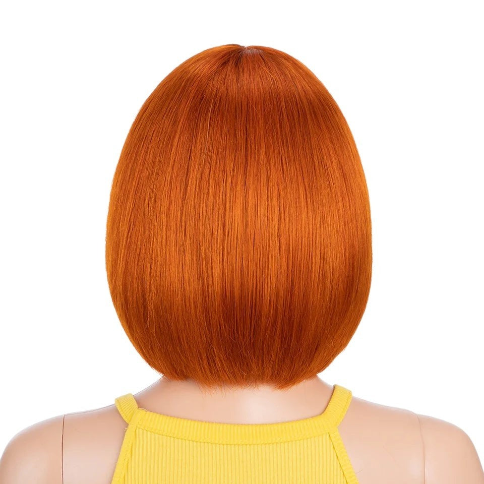RitzWigs ginger orange straight short bob human hair wig on a mannequin, back view showing smooth texture