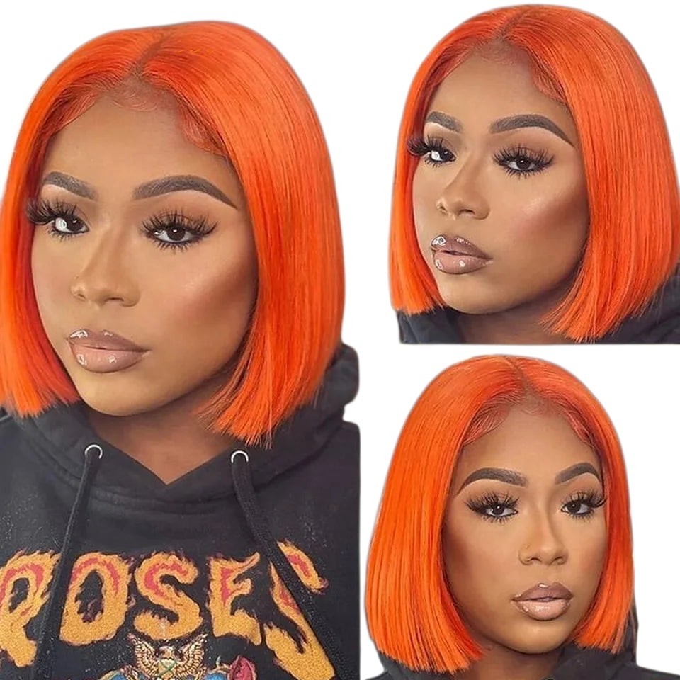 RitzWigs ginger orange straight bob human hair lace wig with a middle part on a model