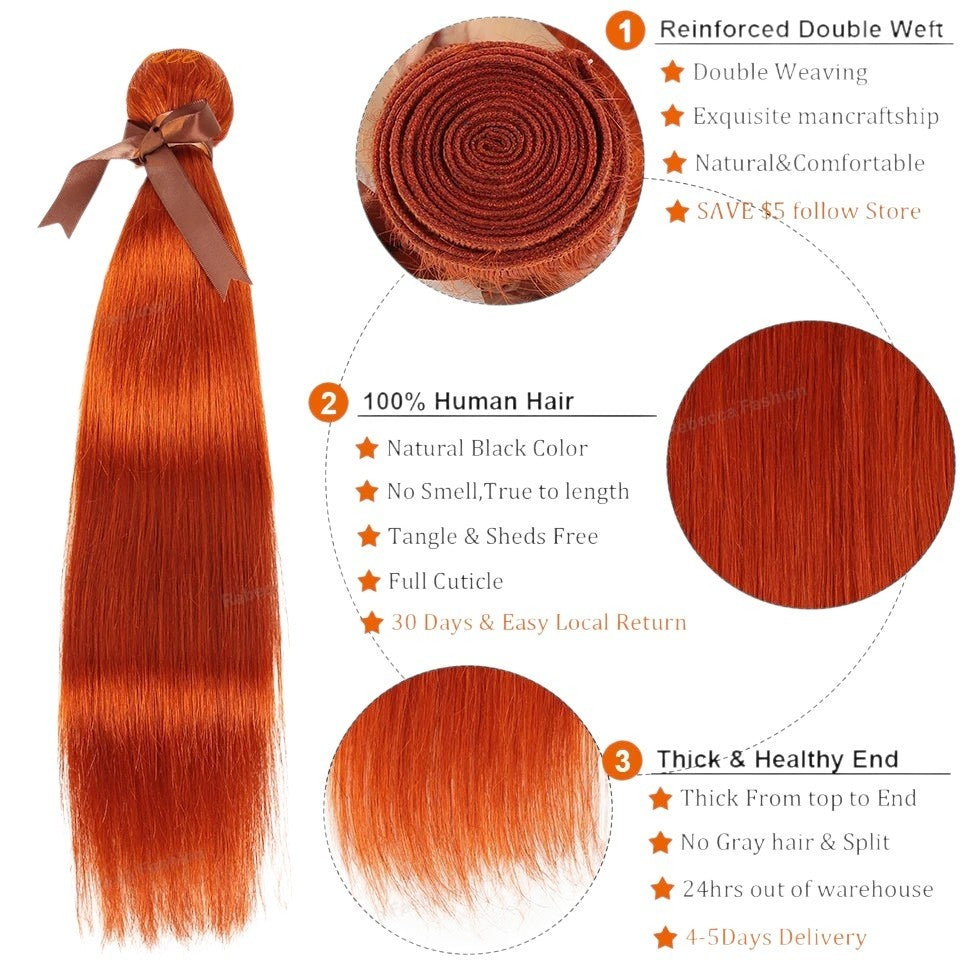 RitzWigs ginger orange straight Brazilian human hair weave bundle with reinforced double weft and healthy ends