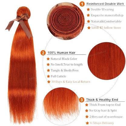 RitzWigs ginger orange straight Brazilian human hair weave bundle with reinforced double weft and healthy ends