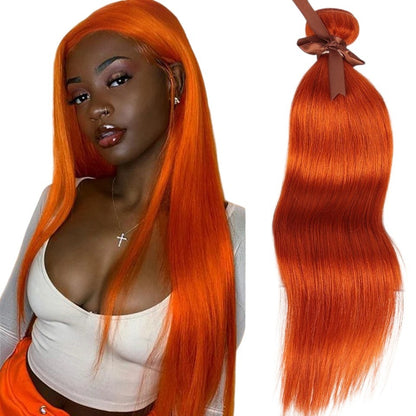 A model wearing vibrant ginger orange straight hair extensions from RitzWigs, shown alongside a tied hair bundle.