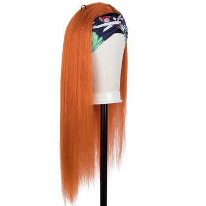 RitzWigs ginger orange straight human hair headband wig on a mannequin head with a floral patterned headband