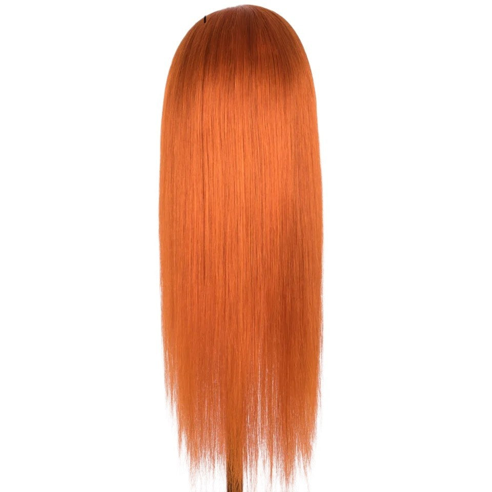 RitzWigs ginger orange straight headband wig made of 100% human hair on a mannequin head, back view.