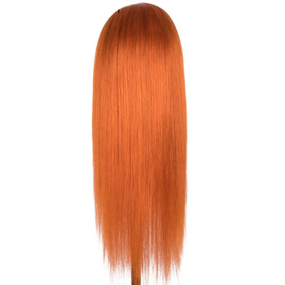 RitzWigs ginger orange straight human hair headband wig on a mannequin head, back view showing long silky texture.