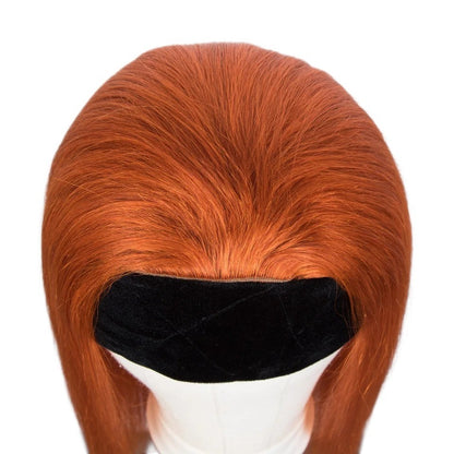 RitzWigs ginger orange straight human hair headband wig on a mannequin head with a black velvet headband.