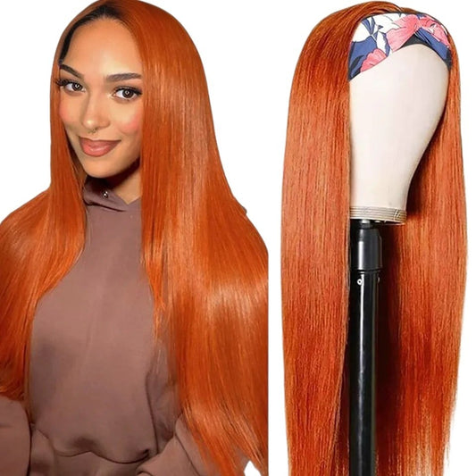 RitzWigs ginger orange straight human hair headband wig worn by a model and displayed on a mannequin head