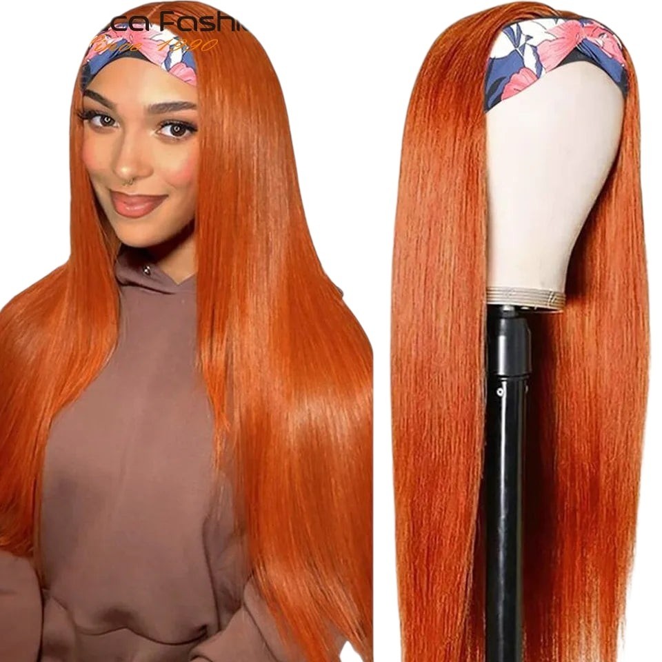 RitzWigs ginger orange straight human hair headband wig worn by a model and displayed on a mannequin head
