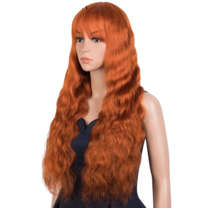 RitzWigs ginger orange wavy human hair wig with bangs on a mannequin