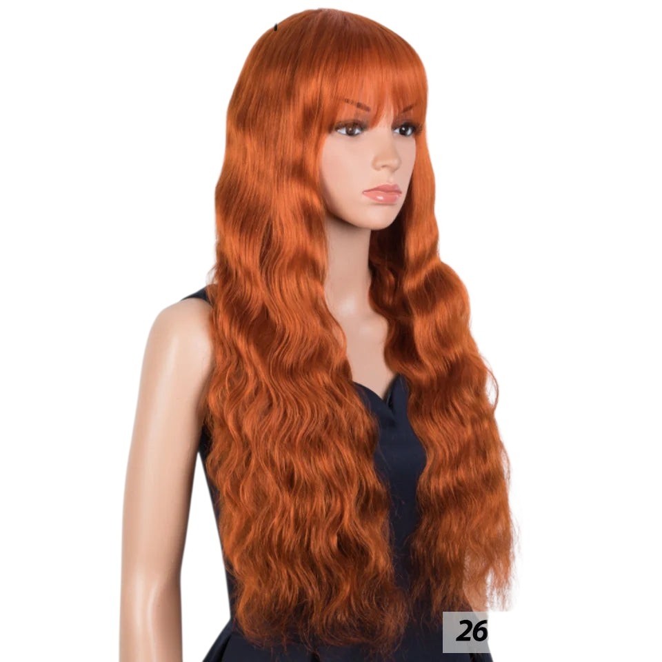 RitzWigs long ginger orange wavy human hair wig with bangs on a mannequin