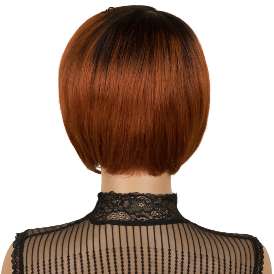 RitzWigs short straight pixie bob wig in ginger and dark root colour on a mannequin head
