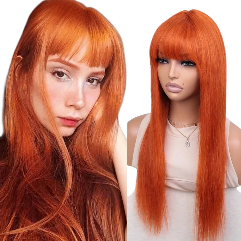 RitzWigs ginger orange long straight human hair wig with bangs worn by a model and displayed on a mannequin head