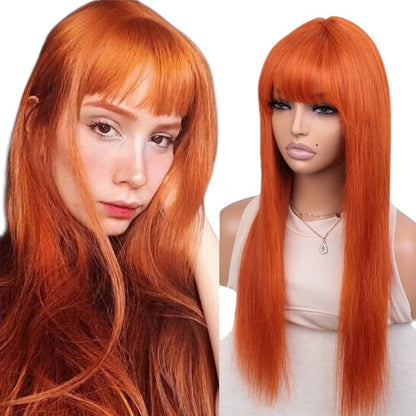 RitzWigs ginger orange long straight human hair wig with bangs worn by a model and displayed on a mannequin head