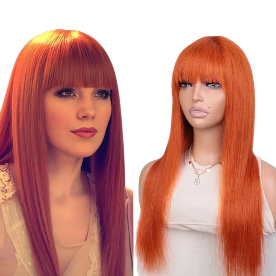 RitzWigs ginger long straight human hair wig with bangs on a mannequin and a model