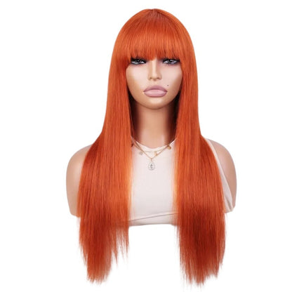 RitzWigs ginger orange long straight human hair wig with bangs on a mannequin head