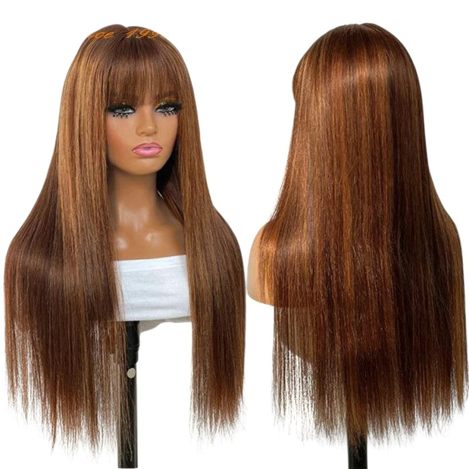 RitzWigs ginger brown long straight human hair wig with bangs on a mannequin head, front and back view.