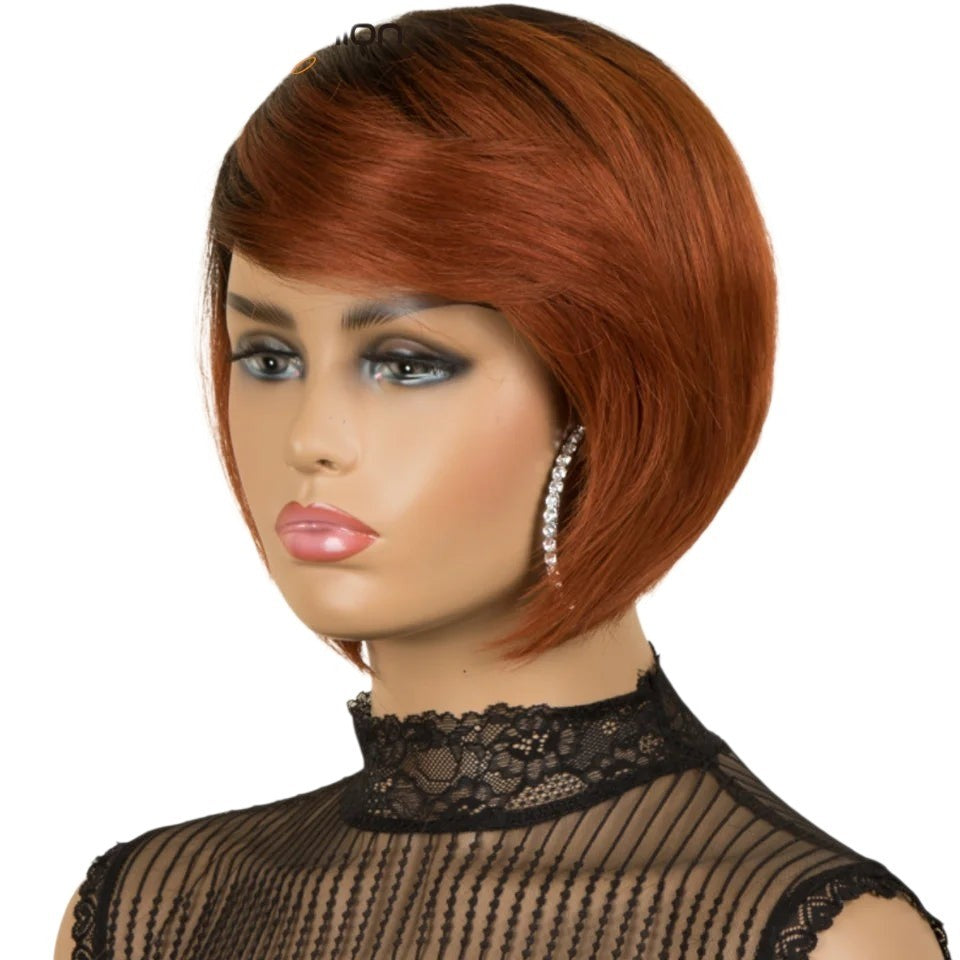 RitzWigs ginger T1B/350 short straight pixie bob human hair wig with side part on a mannequin