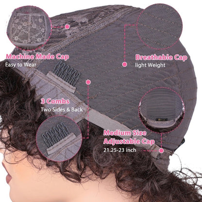 RitzWigs glueless human hair wig cap with adjustable straps, three combs, and breathable machine-made construction.