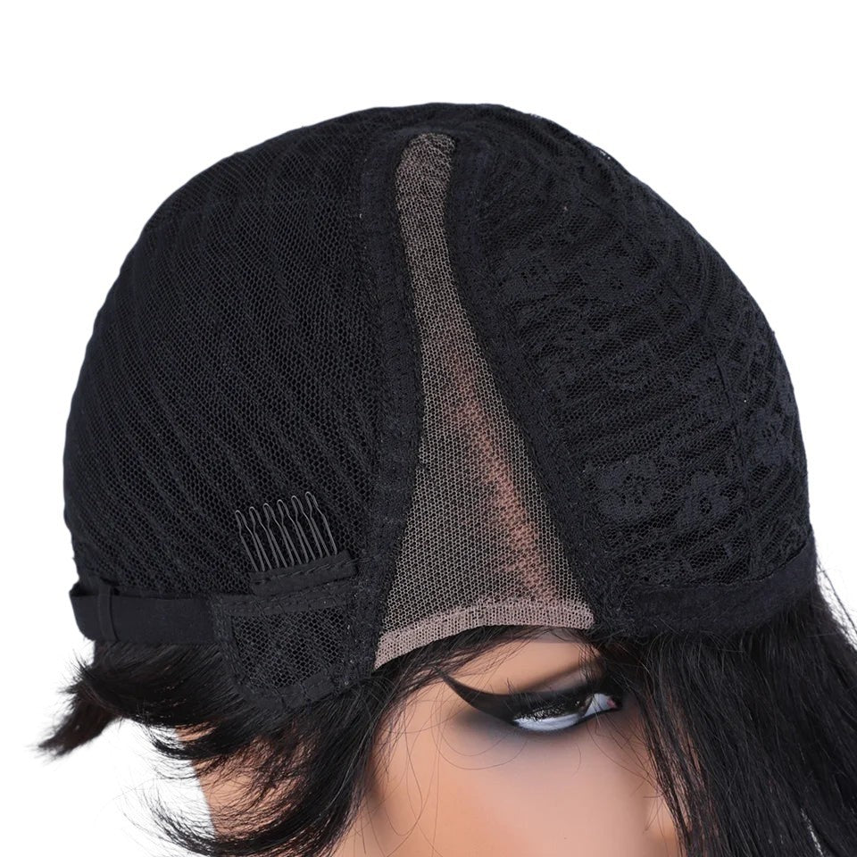 RitzWigs glueless pixie cut human hair wig showing the interior Swiss lace cap construction and adjustable straps