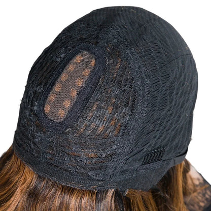 RitzWigs glueless human hair wig cap interior showing breathable black lace construction and adjustable straps