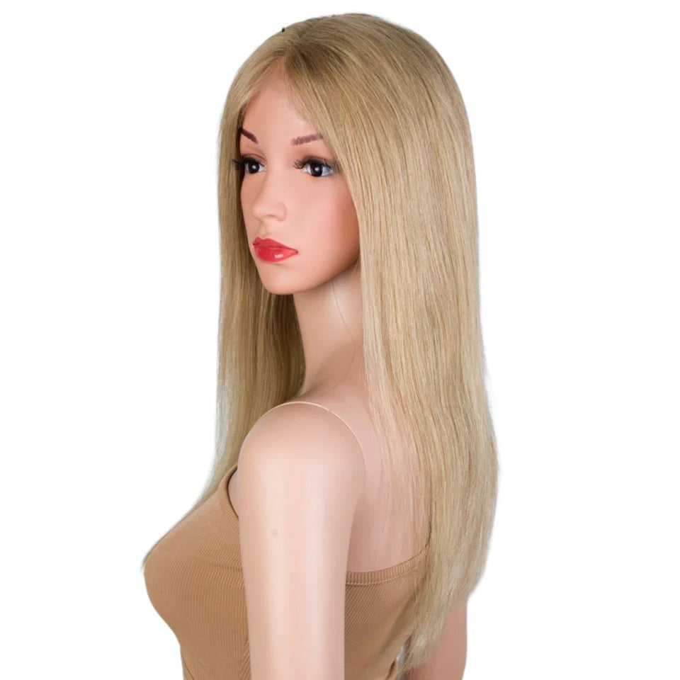 RitzWigs golden blond straight human hair lace front wig on a mannequin with a natural pre-plucked hairline
